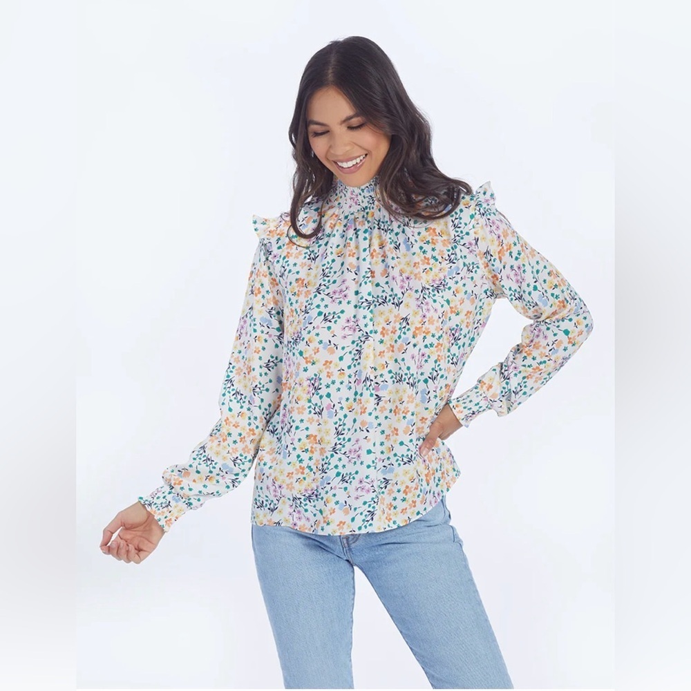 NWT Summersalt Womens S Silky Mock Neck Blouse Wildflower Fields Sunshine Coral